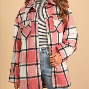 Lulus Cozy Wonders Pink Multi Plaid Shacket XS